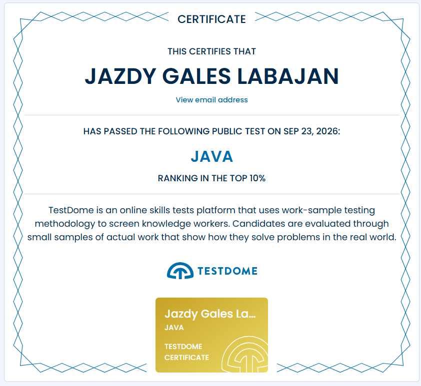TestDome Java certificate awarded to Jazdy Gales Labajan on September 23, 2026, ranking in the top 10 percent